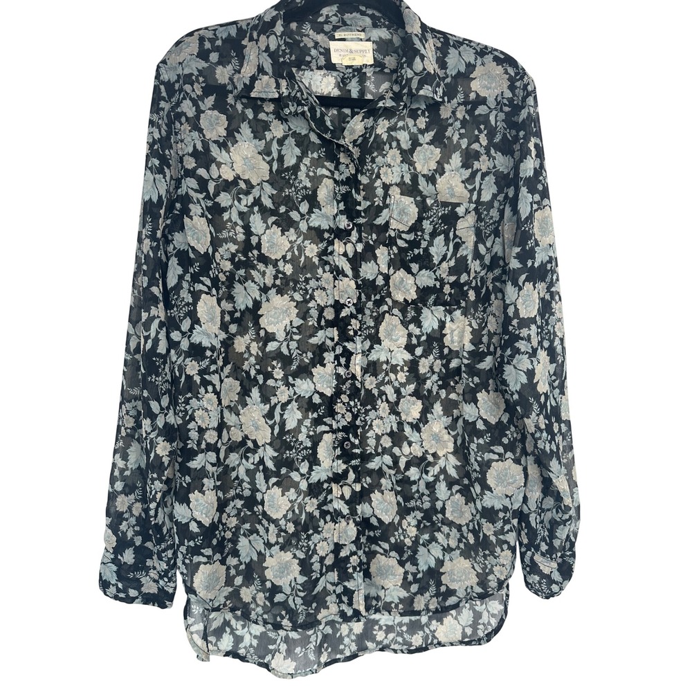 Denim & Supply Ralph Lauren Floral RL Boyfriend Shirt Black Sheer Blouse L Boho